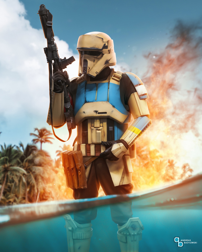 1boy absurdres andibaze armor assault_visor black_gloves black_pants breastplate cloud english_commentary explosion galactic_empire gloves highres looking_to_the_side male_focus palm_tree pants rogue_one:_a_star_wars_story science_fiction shoretrooper sky star_wars tree water