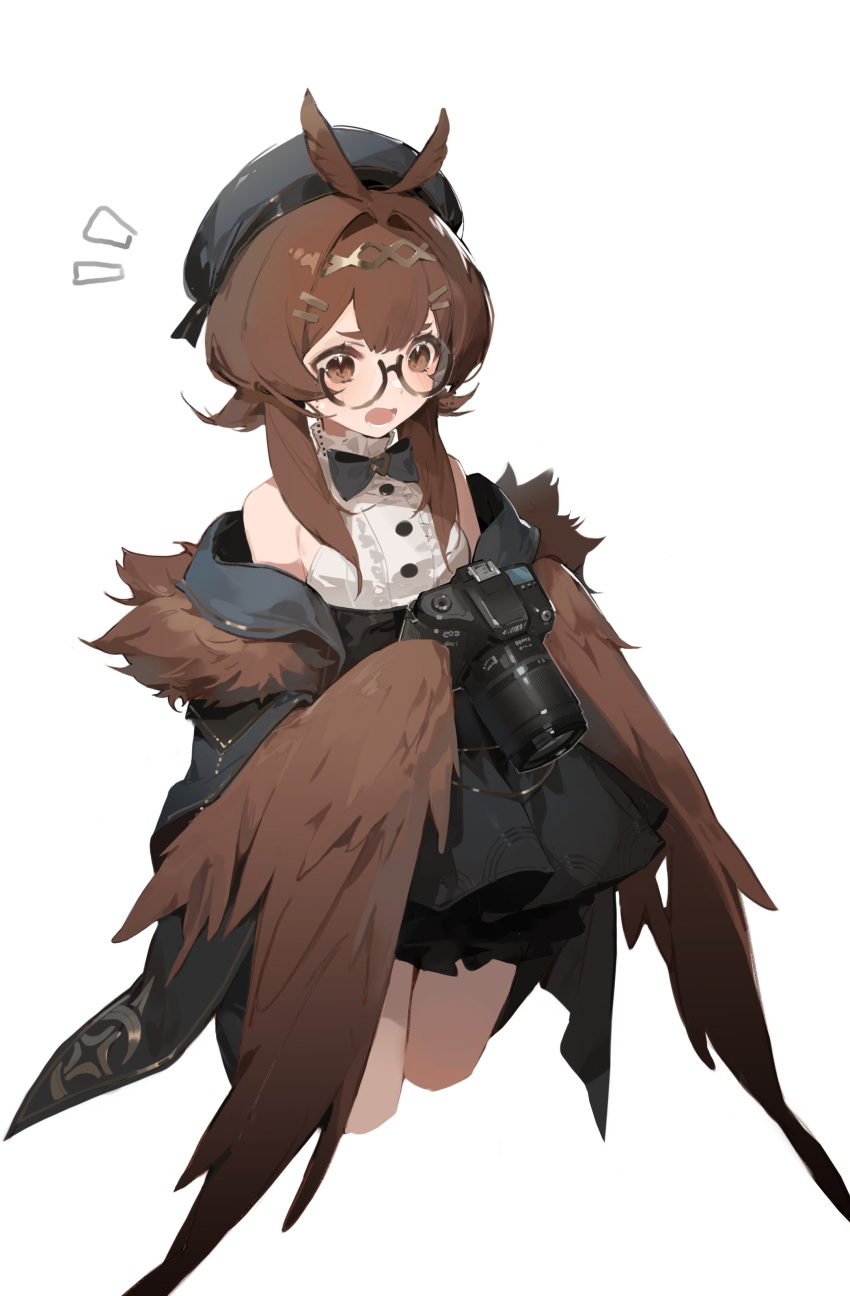 1girl absurdres beret black_jacket black_skirt blush brown_eyes brown_feathers brown_hair brown_wings camera clover_theater eyewear_strap feathered_wings feathers glasses hair_between_eyes hair_ornament hairclip harpy hat high-waist_skirt highres holding holding_camera ifiamif51311 jacket long_hair monster_girl norris_(clover_theater) notice_lines open_mouth semi-rimless_eyewear shirt skirt sleeveless sleeveless_shirt solo white_background white_shirt winged_arms wings