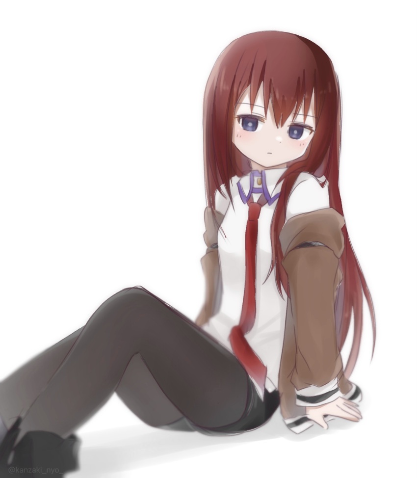 1girl arms_at_sides belt black_footwear black_pantyhose black_shorts breasts bright_pupils brown_jacket closed_mouth collared_shirt expressionless hair_between_eyes highres jacket kanzaki_nyo legs long_hair long_sleeves looking_at_viewer makise_kurisu necktie open_clothes open_jacket pantyhose purple_eyes red_hair red_necktie shadow shirt shoes short_shorts shorts sidelocks simple_background sitting small_breasts solo steins;gate twitter_username white_background white_belt white_pupils white_shirt
