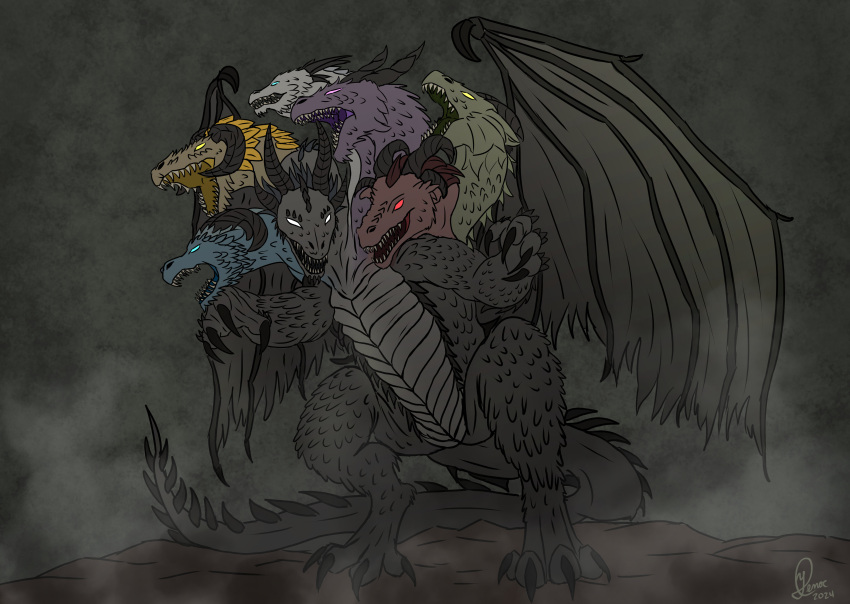 absurd_res ambiguous_gender concept_art dragon elemental_manipulation european_mythology feral glowing glowing_eyes greek_mythology grey_body grey_scales hi_res horn hydra mada multi_head mythological_creature mythological_scalie mythology scales scalie secrets_of_uncrom solo uncrom visha western_dragon wings yenocwolf