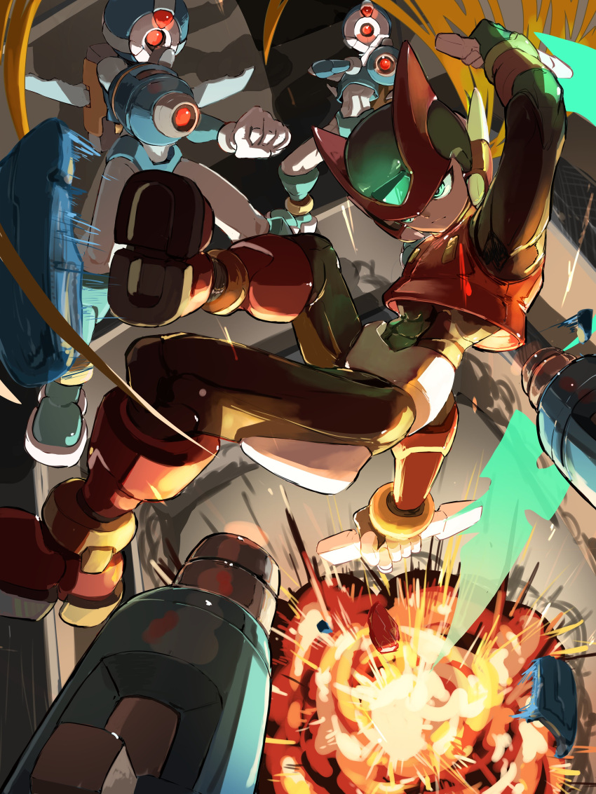 5boys absurdres arm_cannon battle black_bodysuit bodysuit boots crop_top energy_blade explosion forehead_jewel glowing glowing_eyes green_eyes highres holding holding_sword holding_weapon mega_man_(series) mega_man_zero_(series) multiple_boys omochi_(mochi_skymega) one-eyed pantheon_(mega_man) red_eyes red_footwear sword tonfa weapon zero(z)_(mega_man) zero_(mega_man)