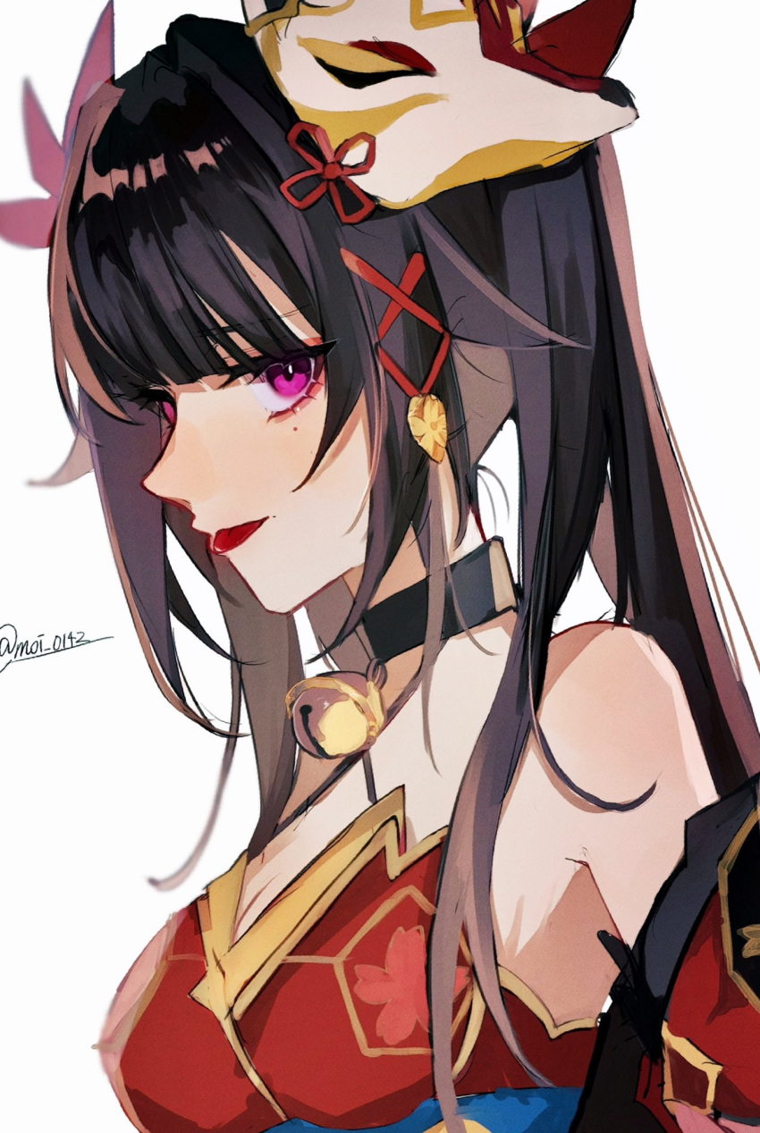 1girl :p bare_shoulders bell black_choker blush bow breasts brown_hair choker cleavage closed_mouth dress fox_mask from_side hair_bow highres honkai:_star_rail honkai_(series) large_breasts long_bangs long_hair looking_at_viewer mask mask_on_head neck_bell pink_eyes portrait profile red_bow red_dress shino_(moi_0142) sidelocks sideways_glance signature simple_background sleeveless sleeveless_dress smile solo sparkle_(honkai:_star_rail) tongue tongue_out twintails white_background
