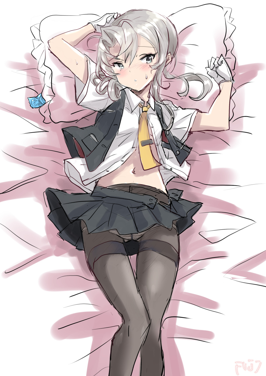 1girl asymmetrical_hair bed black_pantyhose black_skirt black_vest collared_shirt commentary_request condom condom_wrapper dress_shirt feet_out_of_frame flipped_hair frilled_pillow frills fuji_(pixiv24804665) gloves grey_eyes grey_hair highres kantai_collection long_hair lying navel necktie nowaki_(kancolle) panties panties_under_pantyhose pantyhose pillow pleated_skirt school_uniform shirt skirt solo thighband_pantyhose underwear vest white_gloves white_panties white_shirt yellow_necktie