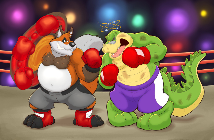 2024 anthro belly big_belly bottomwear boxing_gloves boxing_shorts brok_(brok_the_investigator) brok_the_investigator canid canine clothing duo fan_character fighting_ring fox green_body handwear hi_res male mammal mezasalvador musclegut muscular orange_body overweight overweight_male shorts white_body