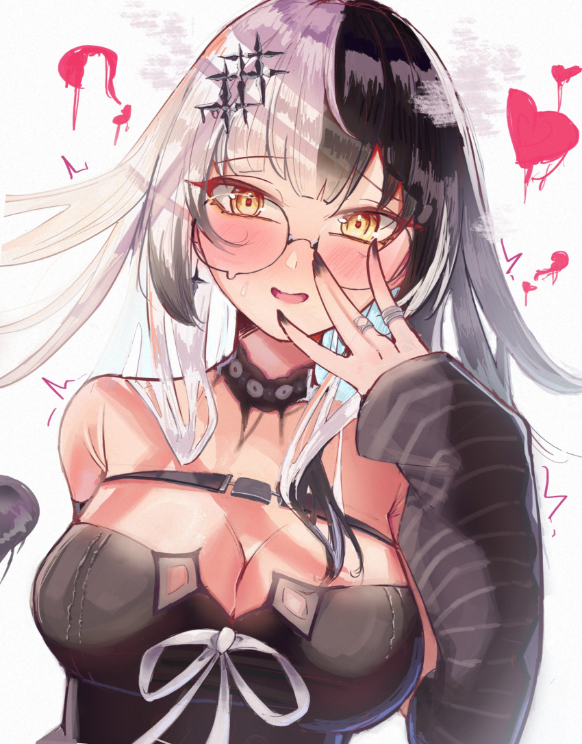1girl ? arm_warmers black_choker black_dress black_hair black_nails blunt_bangs blush bow breasts chest_belt choker cleavage dress glasses grey_hair hair_ornament heart highres hololive hololive_english jewelry lace lace-trimmed_choker lace_choker lace_trim large_breasts long_hair looking_at_viewer multicolored_hair multiple_rings nail_polish off-shoulder_dress off_shoulder ring shiori_novella shiori_novella_(1st_costume) sleeveless smile solo split-color_hair striped_arm_warmers sweat trashcan223 trembling two-tone_hair virtual_youtuber white_bow white_hair yellow_eyes