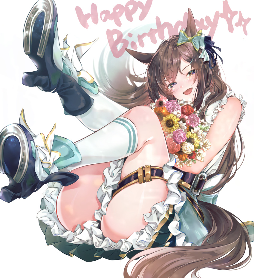 1girl absurdres animal_ears ass bare_arms belt_buckle black_footwear black_panties boots bouquet bow brown_eyes buckle dress ear_ribbon feet_up flower frilled_dress frills gold_trim half-closed_eyes happy_birthday head_tilt highres holding holding_bouquet horse_ears horse_girl horse_tail horseshoe kneehighs leaning_back legs legs_up long_hair looking_at_viewer mejiro_dober_(umamusume) open_mouth panties pantyshot pink_flower pink_rose red_flower red_rose rose shoe_soles sidelocks simple_background socks solo sunflower tail thigh_strap thighs tongue tongue_out umamusume underwear white_background white_eyes_(20220506white) white_flower white_socks