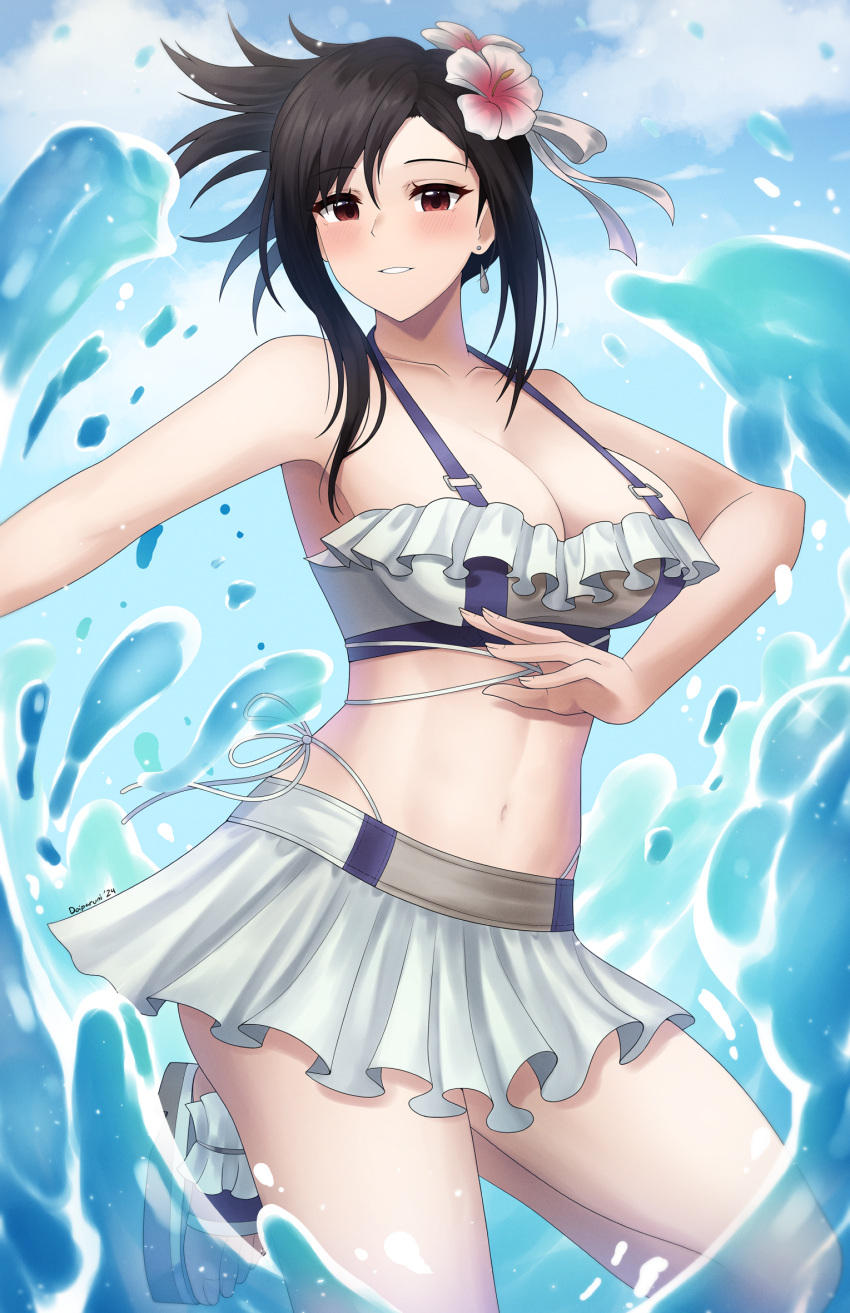 1girl bikini bikini_skirt black_hair breasts brown_hair cleavage doiparuni dolphin final_fantasy final_fantasy_vii final_fantasy_vii_rebirth final_fantasy_vii_remake flower frilled_bikini frills hair_flower hair_ornament highres large_breasts looking_at_viewer official_alternate_costume official_alternate_hairstyle smile solo swimsuit thighs tifa_lockhart water