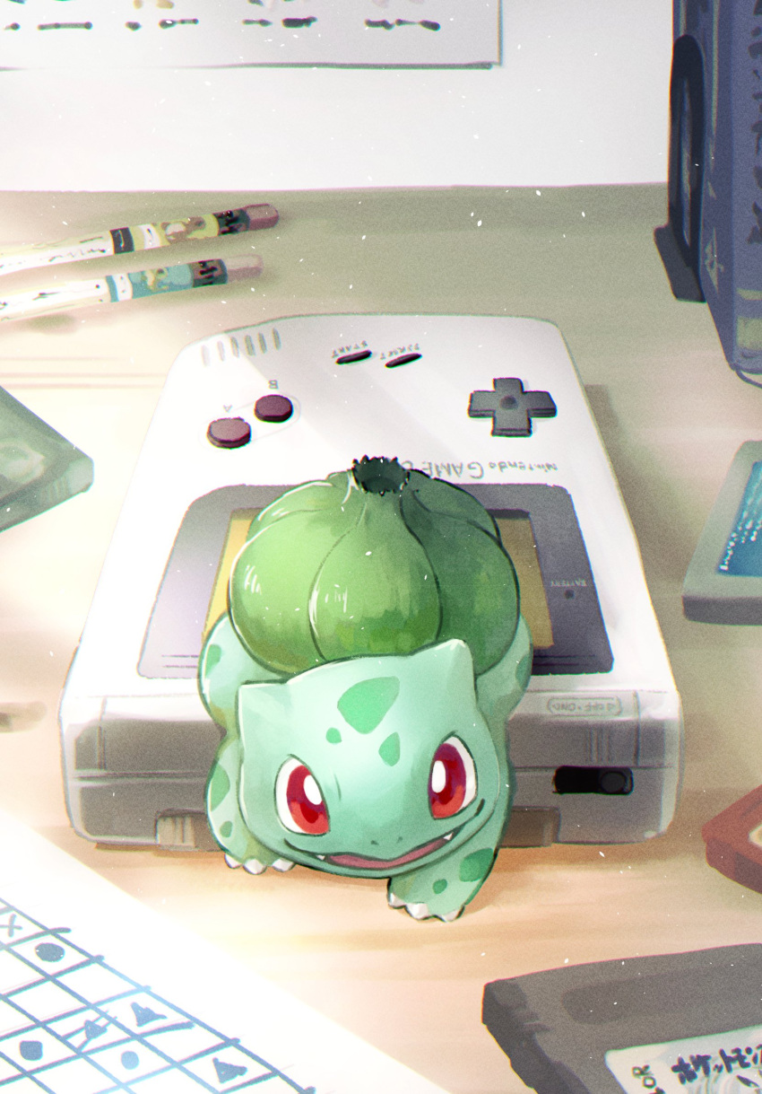 animal_focus bright_pupils bulbasaur colored_skin commentary_request fangs game_boy green_skin handheld_game_console highres indoors no_humans open_mouth plant pokemon pokemon_(creature) red_eyes smile toneko white_pupils