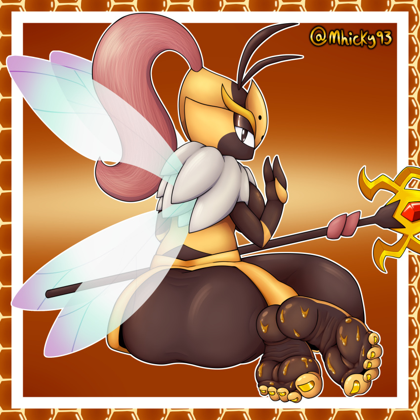3_fingers absurd_res antennae_(anatomy) anthro arthropod bedroom_eyes bee big_butt butt butt_focus colored_nails curling_toes elizabee feet female fingers food foot_fetish foot_focus gem hair hi_res honey_(food) honeycomb hymenopteran insect insect_wings melee_weapon mhicky93 nails narrowed_eyes neck_tuft pal_(species) palworld pocketpair polearm ponytail ruby_(gem) seductive sitting soles solo spear toes tuft weapon wings wrinkled_feet wrinkles yellow_body