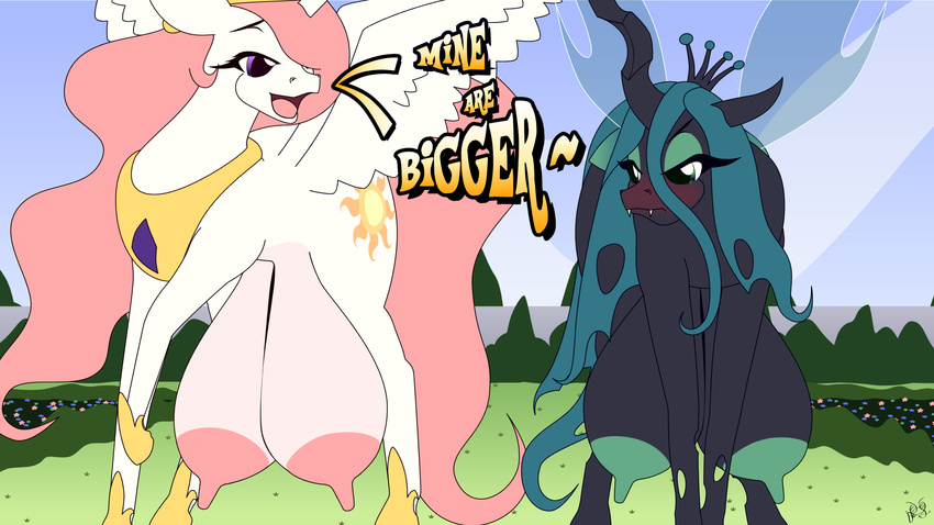 big_breasts blush breasts changeling equine female fibs friendship_is_magic horn huge_breasts mammal my_little_pony nipples princess_celestia_(mlp) queen_chrysalis_(mlp) teats winged_unicorn wings