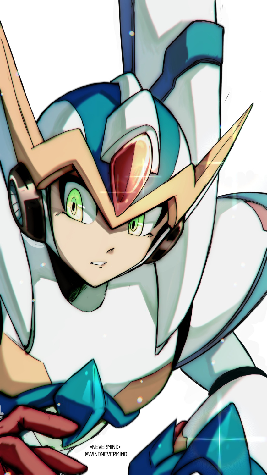 1boy absurdres arm_cannon armor artist_name falcon_armor_x_(mega_man) green_eyes helmet highres looking_to_the_side mega_man_(series) mega_man_x_(series) simple_background solo twitter_username upper_body weapon white_background windnevermind x_(mega_man)