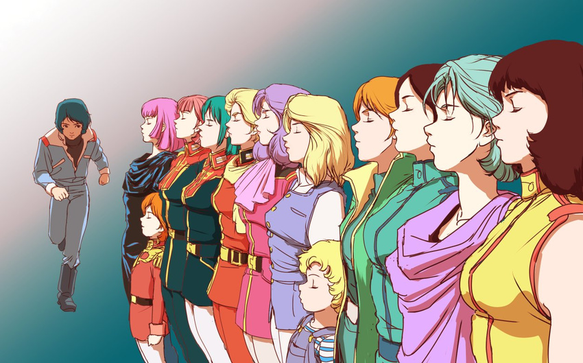 6+girls beltorchika_irma character_request closed_eyes creator_connection emma_sheen fa_yuiry four_murasame gundam haman_karn kamille_bidan lila_milla_rira lineup mineva_lao_zabi mouar_pharaoh multiple_girls overman_king_gainer parody qum reccoa_londe rosamia_badam running sarah_zabiarov teikoku_jokyoku uniform zeta_gundam