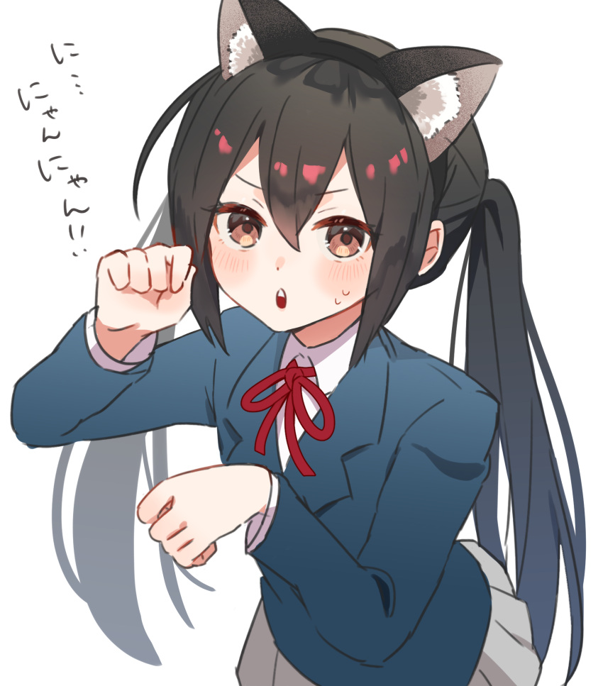 1girl :o animal_ear_fluff animal_ear_hairband animal_ears black_hair blue_shirt blush brown_eyes cat_ear_hairband cat_ears collared_shirt enipa_28 fake_animal_ears grey_skirt hair_between_eyes hairband hands_up highres k-on! long_hair long_sleeves looking_at_viewer nakano_azusa neck_ribbon nyan parted_lips paw_pose red_ribbon ribbon school_uniform shirt sidelocks simple_background skirt solo sweatdrop teeth twintails undershirt upper_body upper_teeth_only white_background