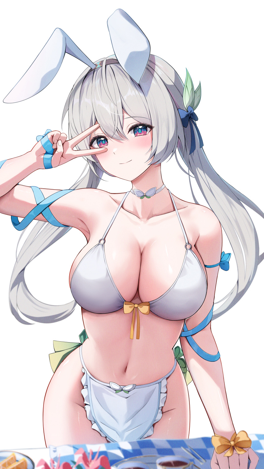 1girl absurdres animal_ears apron arm_ribbon bikini blue_bow blue_ribbon blush bow bra breasts choker cleavage commentary_request fake_animal_ears firefly_(honkai:_star_rail) grey_hair groin hair_bow hair_ornament hand_up highres honkai:_star_rail honkai_(series) large_breasts long_hair looking_at_viewer low_twintails navel purple_eyes rabbit_ears ribbon smile solo standing stomach swimsuit twintails underwear v_over_eye very_long_hair white_apron white_bra white_choker yeni1871