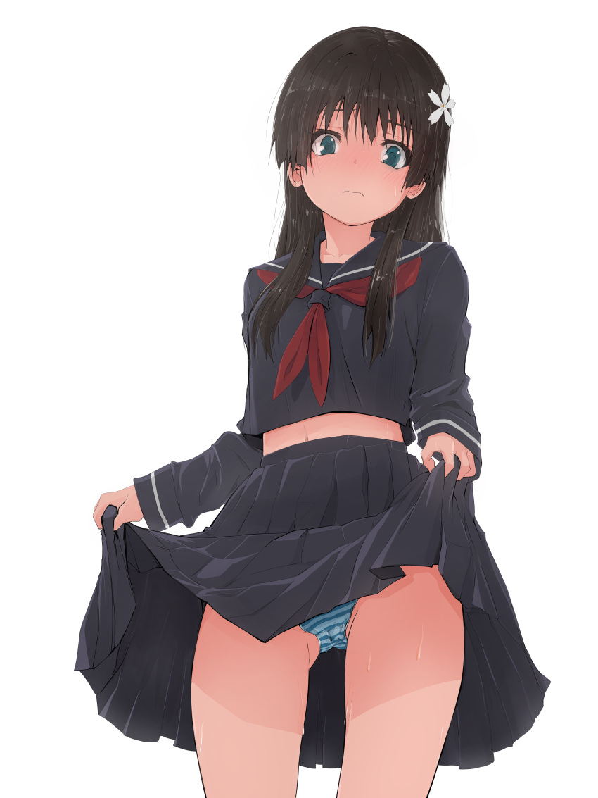 1girl absurdres black_hair black_sailor_collar black_serafuku black_shirt black_skirt blue_eyes blue_panties closed_mouth clothes_lift commentary embarrassed flower frown hair_flower hair_ornament highres lifted_by_self long_hair long_skirt long_sleeves looking_at_viewer midriff musaki_(msaki666) navel neckerchief panties pleated_skirt red_neckerchief revision sailor_collar sakugawa_school_uniform saten_ruiko school_uniform serafuku shirt skirt skirt_lift solo striped_clothes striped_panties sweat toaru_kagaku_no_railgun toaru_majutsu_no_index underwear white_background winter_uniform