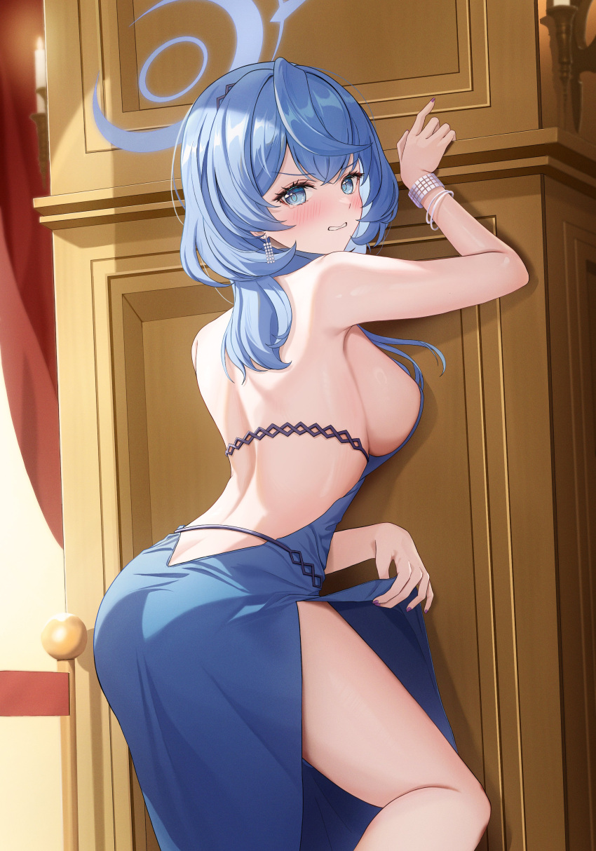 1girl absurdres ako_(blue_archive) ako_(dress)_(blue_archive) ass backless_dress backless_outfit black_hairband blue_archive blue_dress blue_eyes blue_hair blue_halo blush breasts commentary dress earrings feet_out_of_frame hair_between_eyes hairband halo highres jewelry kesa_pasa large_breasts long_hair looking_at_viewer official_alternate_costume open_mouth sideboob sleeveless sleeveless_dress solo