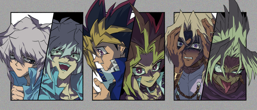 6+boys absurdres bakura_ryou black_choker black_hair blonde_hair blue_shirt brown_eyes choker cloak commentary_request crazy_eyes crying dark-skinned_male dark_skin domino_high_school_uniform dual_persona earrings egyptian_clothes evil_grin evil_smile expressions geubjeonkeo gold_earrings grin hair_between_eyes half-closed_eyes hands_on_own_face high_collar highres jewelry laughing long_hair looking_at_viewer looking_down male_focus marik_ishtar multicolored_hair multiple_boys mutou_yuugi open_mouth outside_border pink_hair pointing portrait purple_cloak purple_eyes sad school_uniform shaded_face shirt smile spiked_hair static tongue tongue_out veins white_hair yami_bakura yami_marik yami_yuugi yu-gi-oh! yu-gi-oh!_duel_monsters