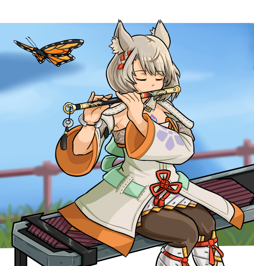 1girl absurdres animal animal_ear_fluff animal_ears blue_sky blurry blurry_background boots braid brown_pantyhose bug butterfly closed_eyes commission day depth_of_field detached_sleeves dress grey_hair highres holding holding_instrument i_llius instrument instrument_request knee_boots long_sleeves mio_(xenoblade) music pantyhose playing_instrument sitting sky solo strapless strapless_dress white_dress white_footwear white_sleeves xenoblade_chronicles_(series) xenoblade_chronicles_3