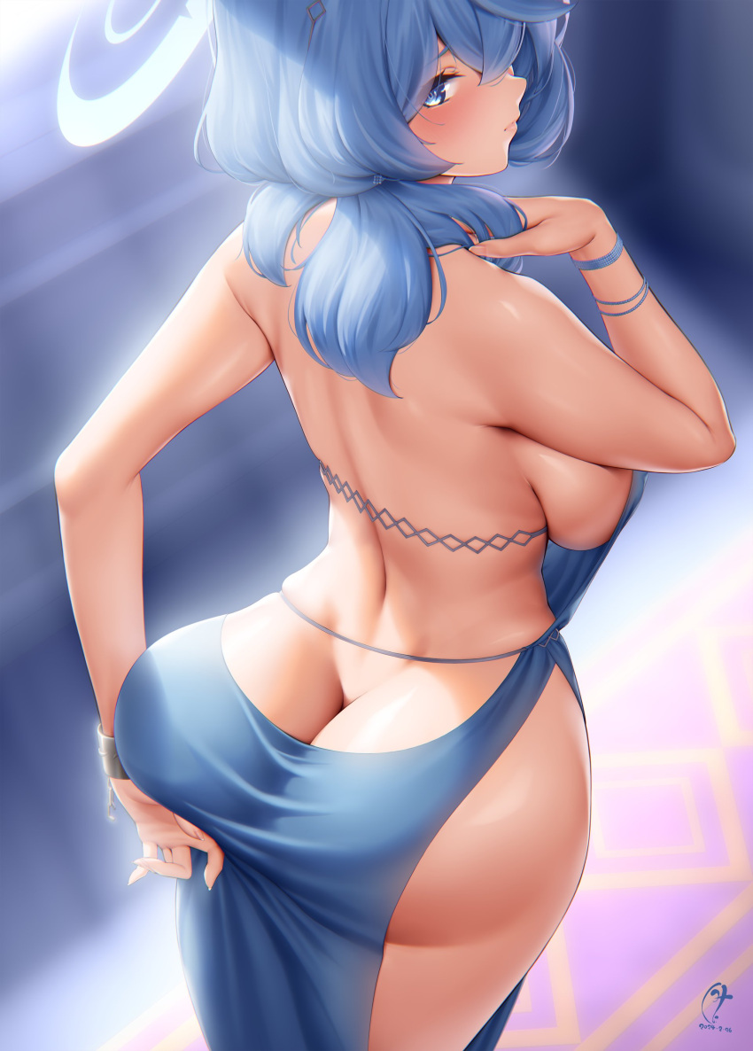 1girl absurdres ako_(blue_archive) ako_(dress)_(blue_archive) ass ass_support back backless_dress backless_outfit bare_shoulders blue_archive blue_dress blue_eyes blue_hair blush bracelet breasts butt_crack closed_mouth dress etsunami_kumita from_behind hair_between_eyes halo highres jewelry large_breasts long_hair looking_at_viewer looking_back sideboob signature solo