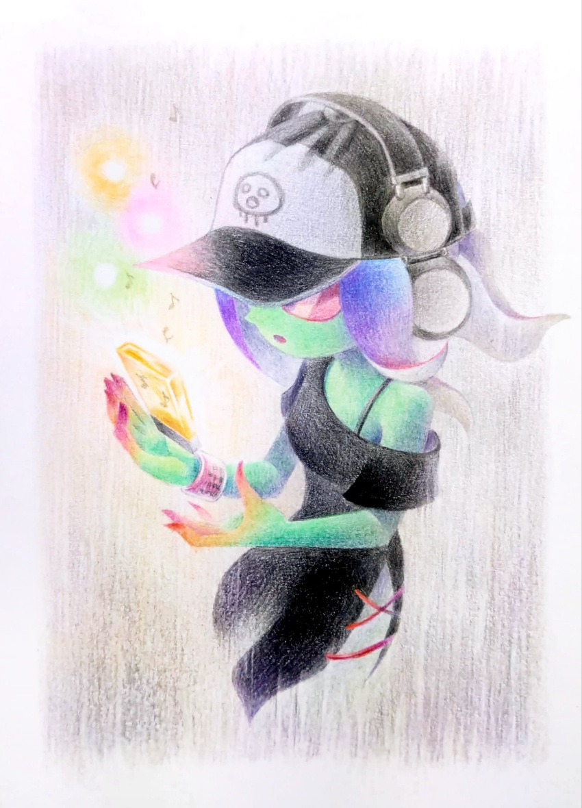 1girl :o baseball_cap blue_hair bra_strap bracelet co_ma_tsu_na colored_pencil_(medium) colored_skin dedf1sh dress gradient_hair gradient_skin green_skin hat headphones headphones_over_headwear highres jewelry long_hair multicolored_hair multicolored_skin musical_note octoling off-shoulder_dress off_shoulder open_mouth purple_hair red-tinted_eyewear red_hair red_skin sanitized_(splatoon) single_bare_shoulder solo splatoon_(series) splatoon_3 splatoon_3:_side_order sunglasses tentacle_hair tinted_eyewear traditional_media yellow_skin