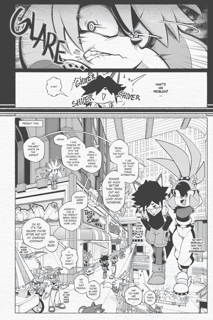 afrosoricid anthro big_the_cat canid canine comic death_glare dialogue domestic_cat euf-dreamer eulipotyphlan fan_character felid feline felis female fennec_fox food_cart fox greyscale hedgehog hi_res idw_publishing kitsunami_the_fennec male mammal monochrome sega silver_the_hedgehog sonic_the_hedgehog_(comics) sonic_the_hedgehog_(idw) sonic_the_hedgehog_(series) speech_bubble surge_the_tenrec tenrec true_fox