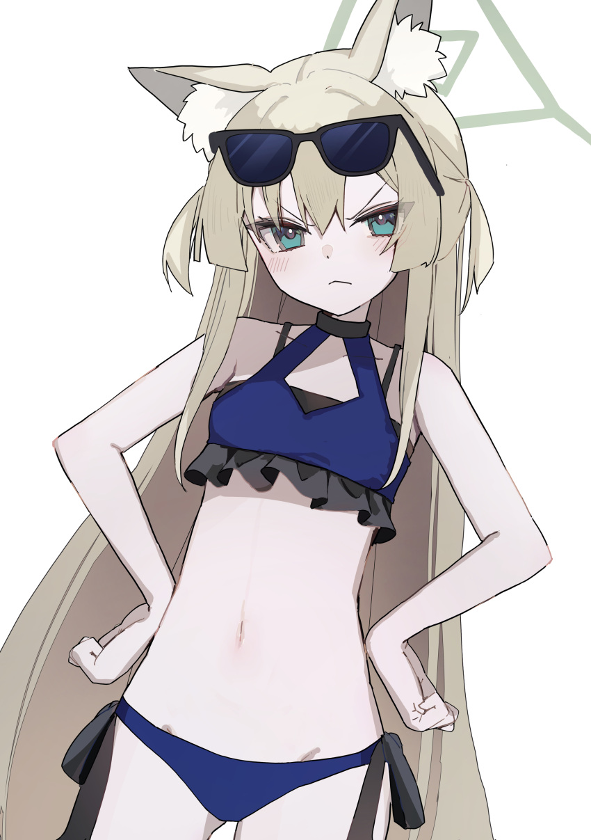 1girl :&lt; absurdres animal_ears bikini blonde_hair blue_archive blue_bikini blue_eyes blush closed_mouth collarbone cowboy_shot dot_nose eyewear_on_head fox_ears fox_girl frown halo hands_on_own_hips highres inaba_reito kurumi_(blue_archive) looking_at_viewer side-tie_bikini_bottom solo sunglasses swimsuit v-shaped_eyebrows white_background