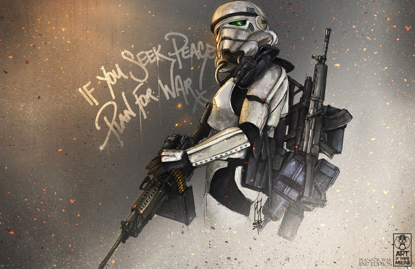 1boy ammunition_pouch artist_name backpack bag black_gloves cable embers english_commentary english_text galactic_empire gloves graffiti gun head_tilt helmet highres holding holding_gun holding_weapon pouch shanemolina solo star_wars stormtrooper weapon weapon_on_back weapon_request