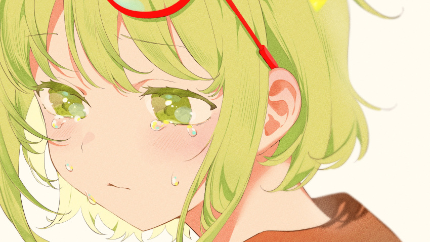 1girl blunt_ends blush brown_shirt closed_mouth crying eyewear_on_head flipped_hair from_side glasses green_eyes green_hair gumi highres looking_to_the_side messy_hair omutatsu pointy_hair red-framed_eyewear round_eyewear sad shirt short_hair short_hair_with_long_locks simple_background solo streaming_tears tears vocaloid wavy_mouth white_background yowamushi_mont-blanc_(vocaloid)