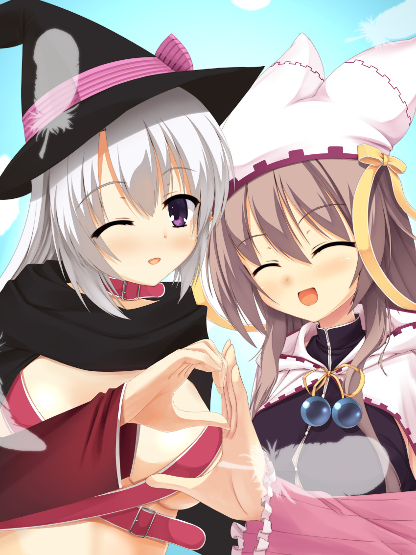 2girls :d ;d ^_^ absurdres animal_ear_headwear aqua_background ayachi_nene belt belt_bra black_cloak black_headwear black_shirt blush breasts brown_hair cape cloak closed_eyes commentary_request facing_viewer falling_feathers feathers frilled_sleeves frills grey_hair hat hat_ribbon heart_hands_failure highres large_breasts long_hair long_sleeves looking_at_viewer magical_girl multiple_girls one_eye_closed open_mouth pink_belt purple_eyes reiji_tsukimi ribbon sanoba_witch shiiba_tsumugi shirt side-by-side sidelocks simple_background smile upper_body white_cape white_headwear wide_sleeves witch witch_hat yellow_ribbon