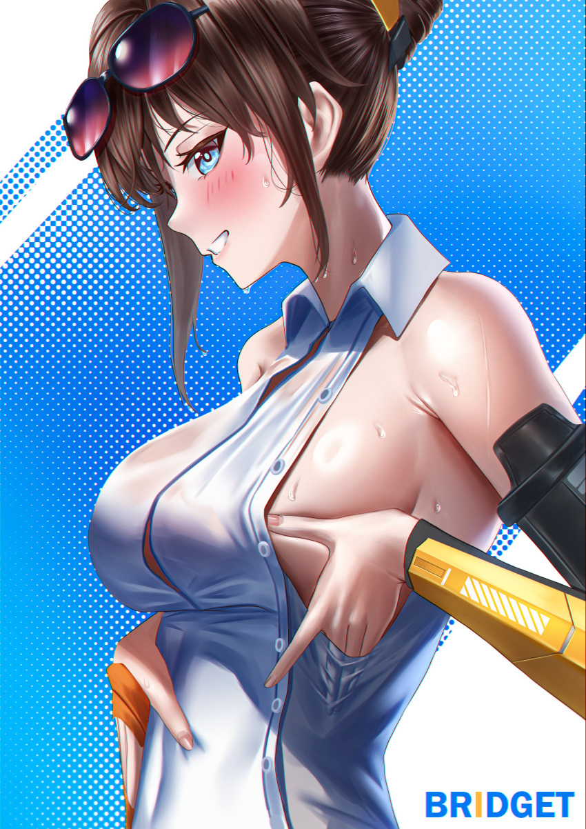 1girl absurdres blue_eyes blush breasts bridget_(punishing:_gray_raven) brown_hair collared_shirt eyewear_on_head from_side grin hair_bun highres large_breasts looking_to_the_side manjo_(warito) punishing:_gray_raven shirt sideboob sleeveless sleeveless_shirt smile sweat