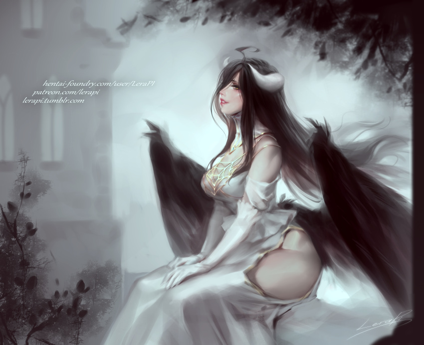 absurdres ahoge albedo black_feathers black_hair black_wings breasts demon_girl demon_horns demon_wings detached_collar dress feathered_wings gloves hair_between_eyes hands_on_thighs highres hip_vent horns large_breasts lera_pi lips long_hair low_wings nose overlord_(maruyama) sitting solo thighs watermark web_address white_dress white_gloves wings yellow_eyes