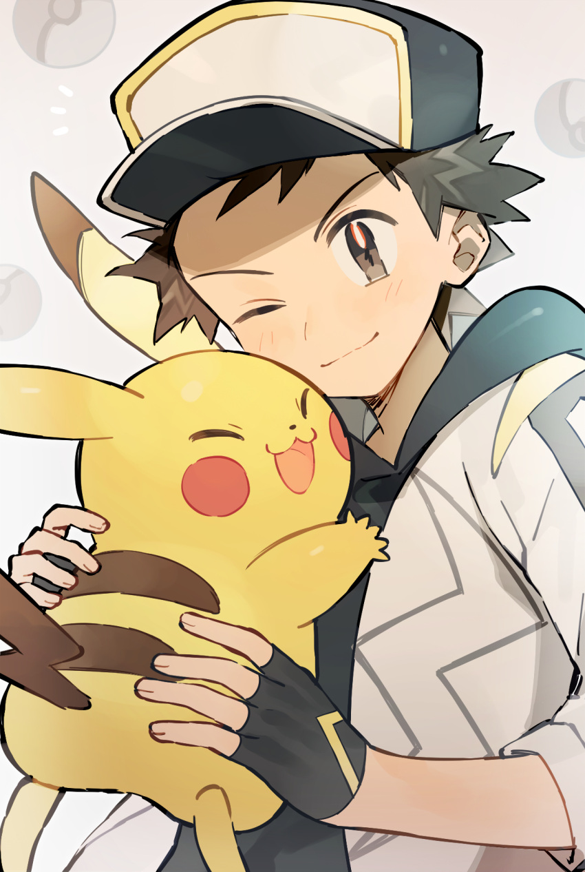 1boy ;) affectionate black_gloves black_headwear blush brown_eyes closed_mouth commentary fingerless_gloves gloves happy hat highres jacket male_focus official_alternate_costume one_eye_closed pikachu pokemon pokemon_(creature) pokemon_masters_ex rata_(m40929) red_(pokemon) red_(sygna_suit)_(thunderbolt)_(pokemon) short_hair smile spiked_hair upper_body white_jacket