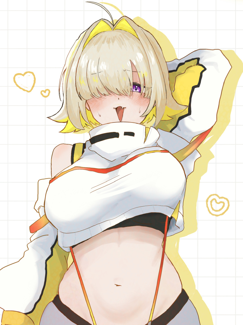1girl 39zto :3 arm_behind_head arm_up blush clothing_cutout elegg_(nikke) fang goddess_of_victory:_nikke grid_background hair_over_one_eye heart highres jacket large_pectorals long_bangs long_sleeves looking_at_viewer navel open_mouth pants pectorals shoulder_cutout simple_background solo white_jacket white_pants