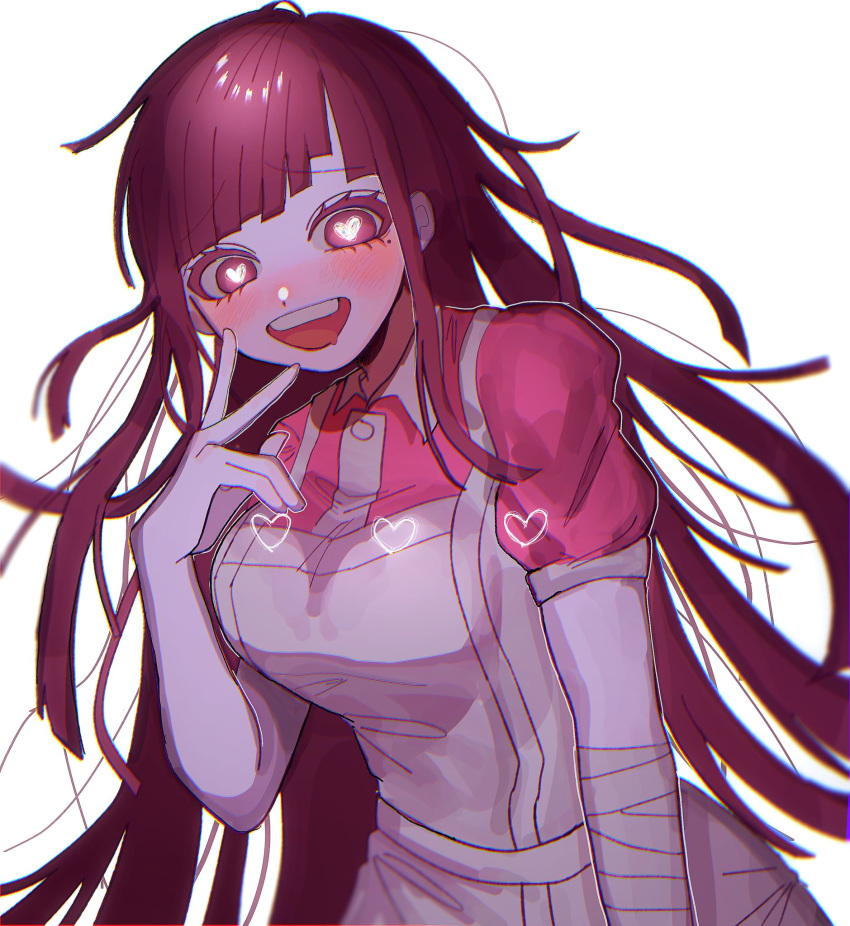 1girl apron blush breasts collared_shirt cowboy_shot danganronpa_(series) danganronpa_2:_goodbye_despair grey_apron heart heart-shaped_pupils highres large_breasts long_hair mole mole_under_eye pink_eyes pink_shirt puffy_short_sleeves puffy_sleeves shirt short_sleeves simple_background smile sunaba_asobi symbol-shaped_pupils tsumiki_mikan two-tone_shirt v white_background