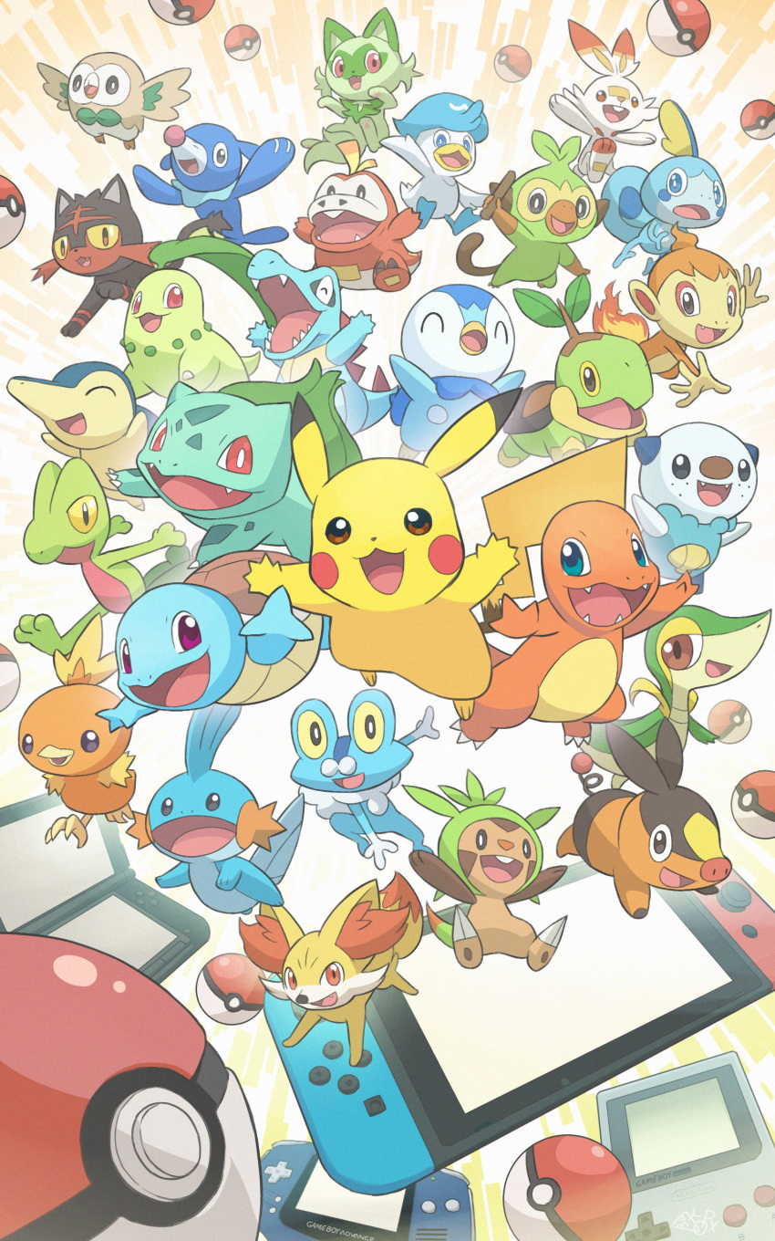 ^_^ absurdres animal_focus arms_up bird black_fur blue_skin bow bowtie bright_pupils bulbasaur cat charmander chespin chikorita chimchar closed_eyes colored_sclera colored_skin commentary_request crocodilian cyndaquil fangs fennekin fox froakie frog fuecoco game_boy game_boy_advance green_bow green_bowtie green_fur grookey hakkentai_pokedan handheld_game_console highres holding holding_stick litten looking_at_viewer monkey mudkip nintendo_3ds nintendo_switch no_humans open_mouth orange_fur oshawott owl penguin pig pikachu piplup poke_ball poke_ball_(basic) pokemon pokemon_(creature) popplio quaxly rabbit red_eyes rowlet scorbunny sea_lion smile snivy snout sobble sprigatito squirtle stick tail teeth tepig torchic totodile treecko turtle turtwig whiskers white_fur white_pupils wings yellow_sclera yellow_skin