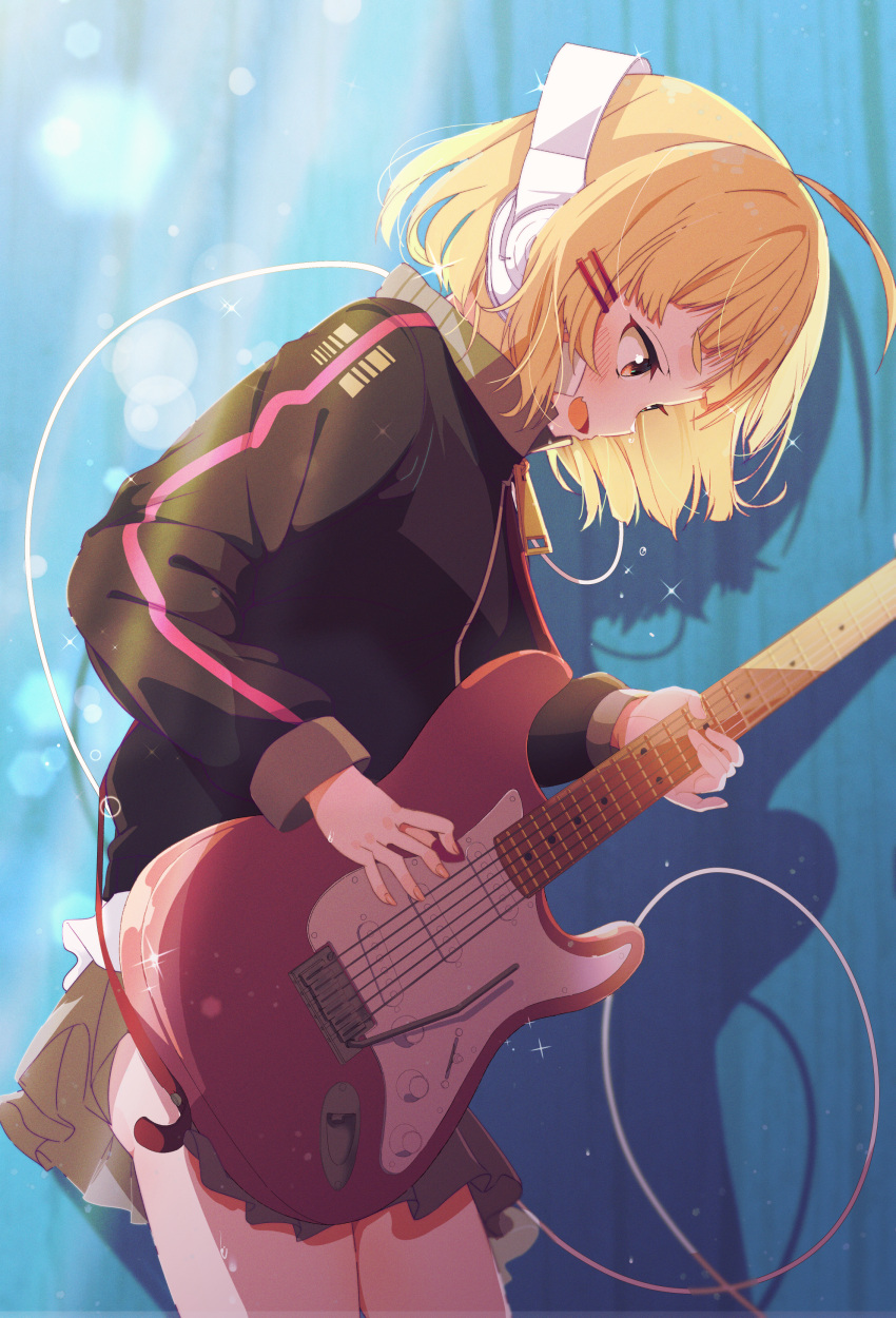 1girl absurdres black_jacket blonde_hair blue_background blush commission electric_guitar guitar hair_ornament hairclip headphones highres holding holding_guitar holding_instrument instrument jacket long_sleeves looking_down music open_mouth original playing_instrument shiro9jira simple_background skeb_commission skirt smile solo yellow_eyes