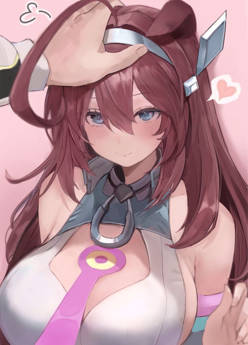 1girl 1other absurdres ahoge animal_ears bare_shoulders blue_eyes blush breasts brown_hair closed_mouth commentary_request double-parted_bangs hair_between_eyes headpat heart highres horse_ears horse_girl huge_ahoge inaba_(usanopo) large_breasts leotard long_hair looking_ahead mihono_bourbon_(umamusume) necktie pink_necktie silver_hairband smile spoken_heart umamusume upper_body white_leotard