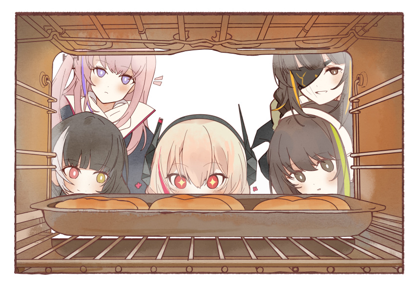 5girls absurdres black_hair blonde_hair brown_eyes brown_hair doughnut food girls'_frontline headset heituitui highres looking_at_object m16a1_(girls'_frontline) m4_sopmod_ii_(girls'_frontline) m4a1_(girls'_frontline) multicolored_eyes multicolored_hair multiple_girls oven pink_hair purple_eyes red_eyes ro635_(girls'_frontline) st_ar-15_(girls'_frontline)