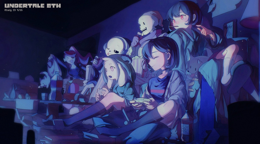 1girl 2boys 2others androgynous annoying_dog asriel_dreemurr bag black_choker black_hair black_thighhighs blue_jacket blue_sweater bottle cable can chara_(undertale) child chinese_commentary choker closed_eyes commentary_request controller copyright_name couch eating food food_in_mouth frisk_(undertale) from_side full_body furry furry_male goat_boy grocery_bag hair_ornament hairclip hat headphones highres holding holding_bag holding_controller hood hood_up indoors jacket lazy_kun looking_ahead monster_kid_(undertale) multiple_boys multiple_others nightcap off_shoulder on_couch on_floor onesie open_mouth pajamas papyrus_(undertale) pink_eyes pink_pajamas playing_games pocky popcorn red_eyes sans shopping_bag short_hair sitting slippers socks striped_clothes striped_pajamas sweater thighhighs undertale undyne white_socks