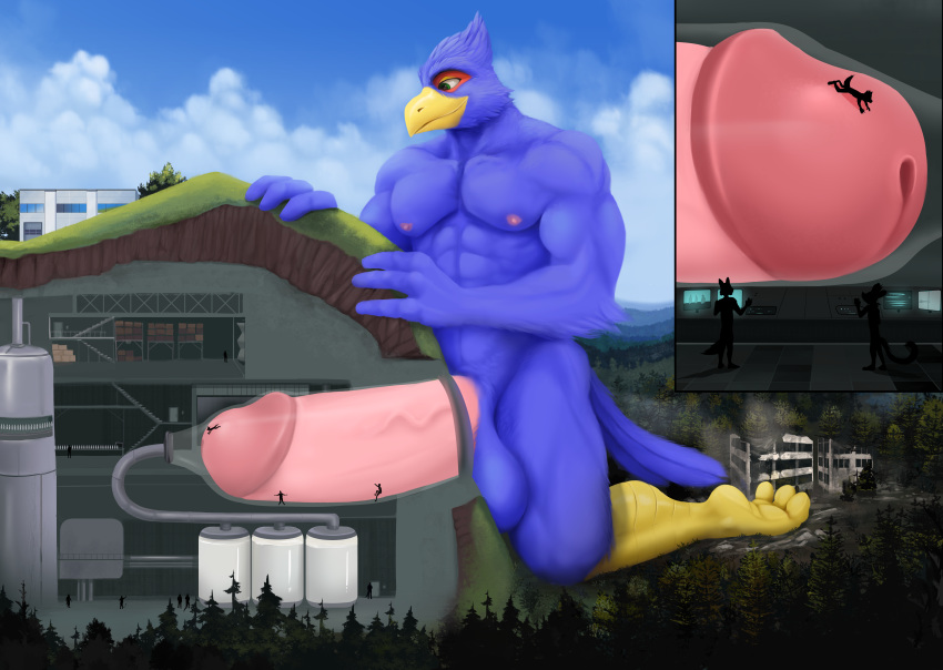 absurd_res anthro avian beak big_penis bird blue_body blurthefur facility falco_lombardi genitals hi_res internal kneeling machine macro male milking_machine mountain nintendo penetration penile penis penis_milking solo star_fox tunnel worship