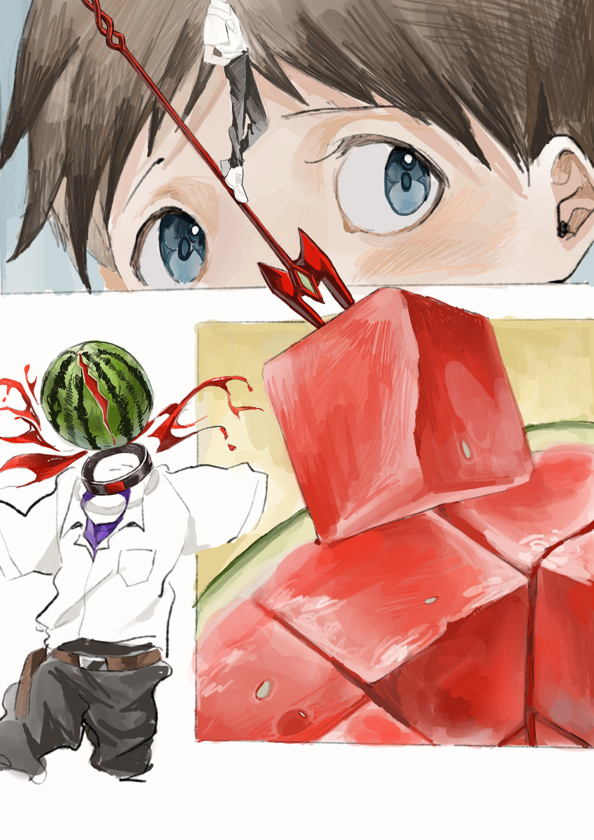 absurdres belt blue_eyes brown_belt choker evangelion:_3.0_you_can_(not)_redo food fruit highres ikari_shinji nagisa_kaworu neon_genesis_evangelion peila rebuild_of_evangelion school_uniform shirt spear_of_cassius tokyo-3_middle_school_uniform watermelon white_footwear white_shirt