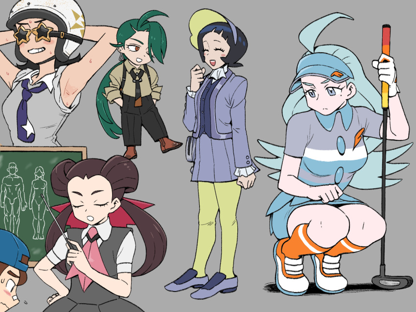 1boy 5girls aged_up ahoge black_hair blue_headwear blush breasts brown_footwear brown_hair chalkboard chibi closed_mouth collared_shirt commentary_request eyelashes flying_sweatdrops golf_club green_hair grey_background grey_eyes grey_shirt hat highres holding holding_golf_club holding_pointer jacket kahili_(pokemon) long_hair looking_down mole mole_under_eye multiple_girls nutkingcall orange_socks pantyhose pleated_skirt pointer pokemon pokemon_oras pokemon_sm pokemon_sv poppy_(pokemon) rika_(pokemon) roxanne_(pokemon) sex_ed shirt shoes skirt socks squatting standing sweatdrop team_star_grunt visor_cap youngster_(pokemon)