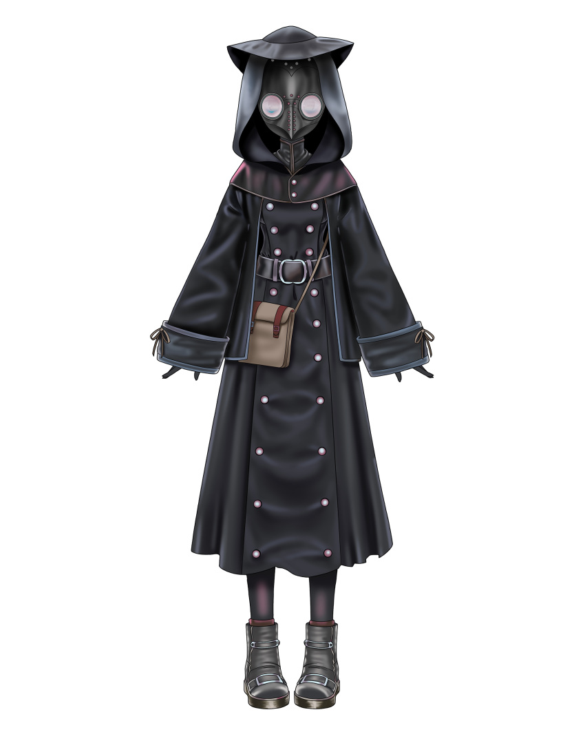1girl absurdres arms_at_sides artist_request bag belt black_gloves boots derivative_work drawingdeebop full_body gloves hat highres hololive hololive_english hood hood_up looking_at_viewer nanashi_mumei pantyhose plague_doctor plague_doctor_mask robe shoulder_bag solo standing straight-on white_background