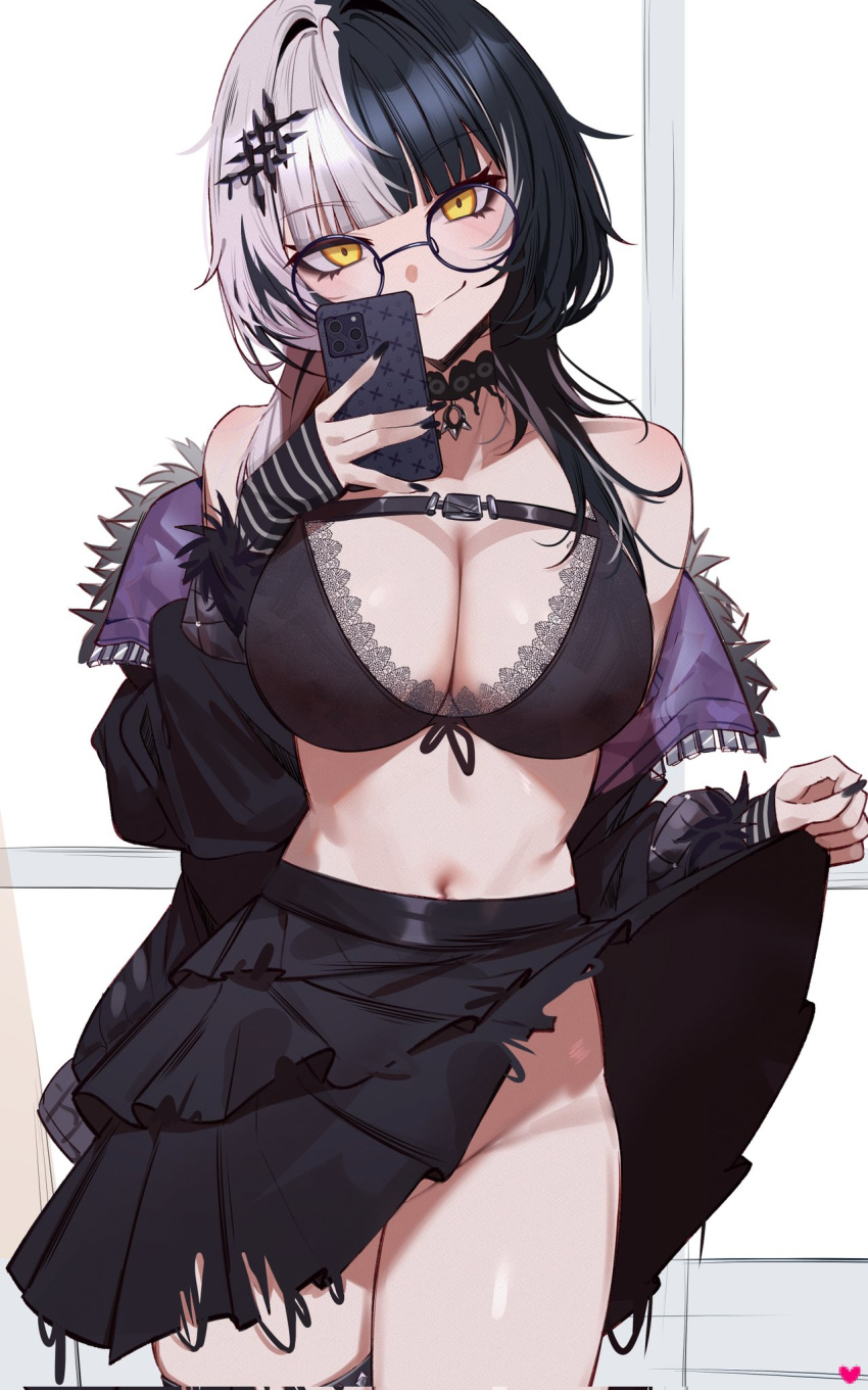 1girl bare_shoulders black_bra black_choker black_gloves black_hair black_nails black_skirt bra breasts cellphone chest_belt choker cleavage clothes_lift commentary doujenrad emoji english_commentary english_text fur_trim glasses gloves grey_hair hair_ornament highres holding holding_phone hololive hololive_english lace-trimmed_bra lace_trim large_breasts lifted_by_self looking_at_viewer multicolored_hair navel no_panties phone pleated_skirt removing_jacket selfie shiori_novella skirt skirt_lift smartphone smile solo split-color_hair striped_clothes striped_gloves super_chat two-tone_hair underwear virtual_youtuber white_background yellow_eyes