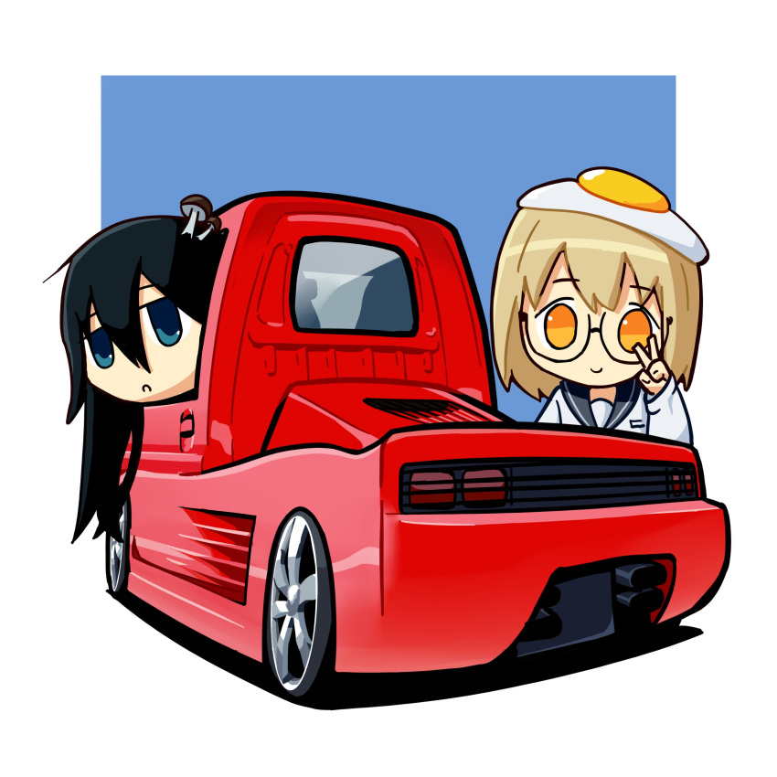 2girls absurdres black_hair black_sailor_collar blonde_hair blue_background blue_eyes border chibi duz egg_hair_ornament english_commentary ferrari food-themed_hair_ornament hair_ornament highres motor_vehicle multiple_girls mushroom_on_head orange_eyes outside_border pickup_truck sailor_collar shimeji_simulation shirt short_hair suzuki_(company) suzuki_carry truck tsukishima_shijima v white_border white_shirt yamashita_majime