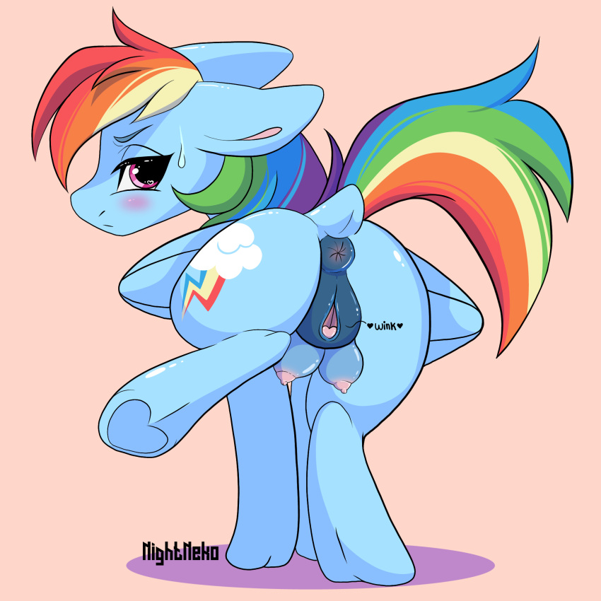 blush breasts butt clitoral_winking clitoris ears_back equid equine female feral friendship_is_magic genitals hasbro hi_res hooves horse looking_at_viewer looking_back mammal my_little_pony nightneko pivoted_ears pony presenting presenting_hindquarters presenting_pussy pussy rainbow_dash_(mlp) raised_hoof raised_leg raised_tail solo tail