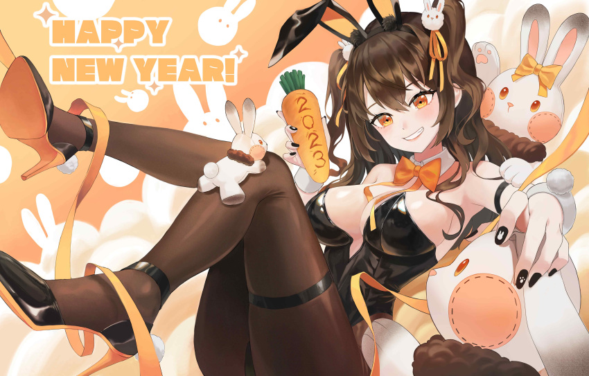 1girl 2023 absurdres animal_ear_hairband animal_ears blush breasts brown_hair carrot chinese_zodiac commentary fake_animal_ears food grin hair_ornament hair_ribbon hairband happy_new_year high_heels highres holding holding_food knees_up large_breasts leotard long_hair nail_polish orange_eyes original pantyhose playboy_bunny prock rabbit_ear_hairband rabbit_ears rabbit_hair_ornament ribbon smile solo strapless strapless_leotard stuffed_animal stuffed_rabbit stuffed_toy thigh_strap two_side_up year_of_the_rabbit