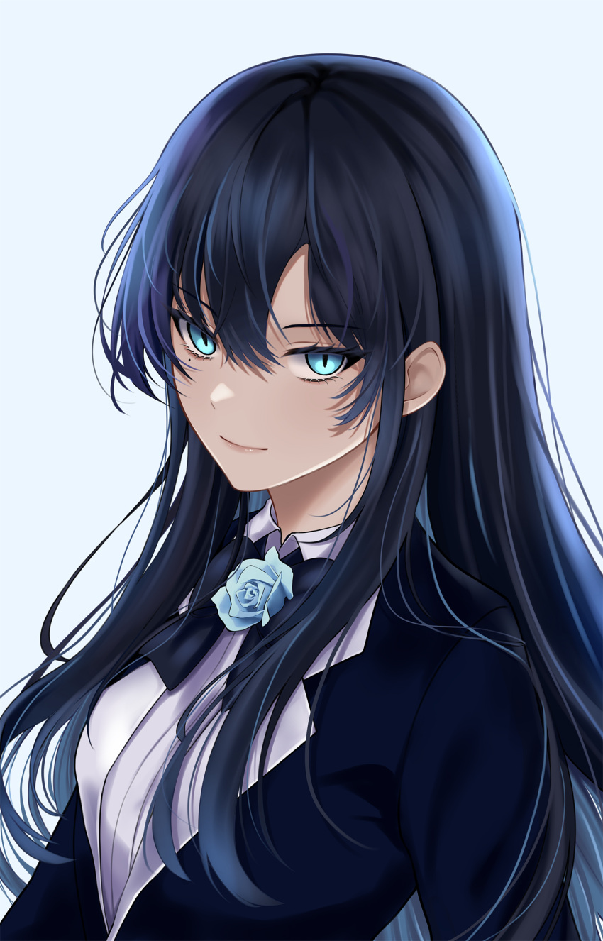 1girl ado_(utaite) black_bow black_bowtie black_coat black_hair blue_background blue_eyes blue_flower blue_hair blue_rose bow bowtie chando_(ado) closed_mouth cloud_nine_inc coat collared_shirt commentary dress_shirt flower flower_brooch hair_between_eyes highres long_hair looking_at_viewer mole mole_under_eye rain_(rain910) rose shirt sidelocks simple_background solo upper_body utaite white_shirt