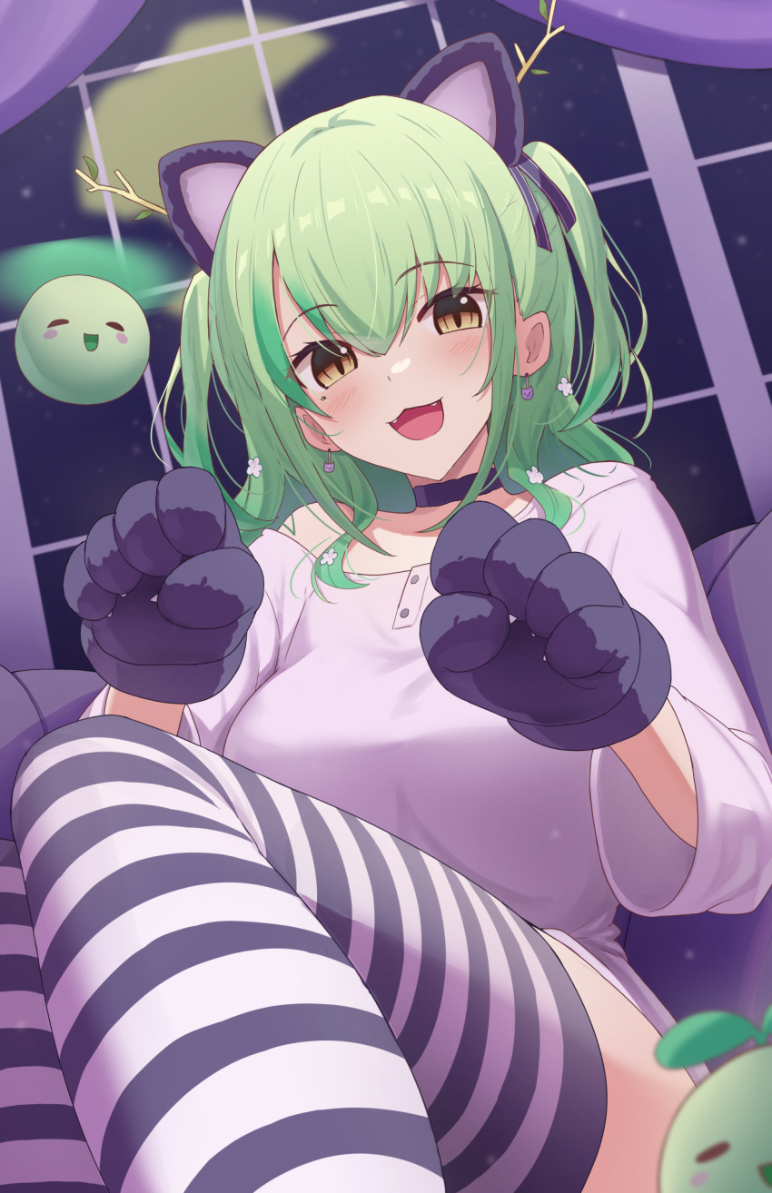 1girl alternate_costume animal_ears animal_hands black_choker blush bokuboyarts cat_ears cat_girl ceres_fauna choker claw_pose earrings english_commentary facing_viewer fangs gloves green_hair hair_between_eyes highres hololive hololive_english jewelry knees_up looking_at_viewer mole mole_under_eye night night_sky open_mouth paw_gloves sapling_(ceres_fauna) sitting sky slit_pupils striped_clothes striped_thighhighs thighhighs thighs two_side_up virtual_youtuber window yellow_eyes