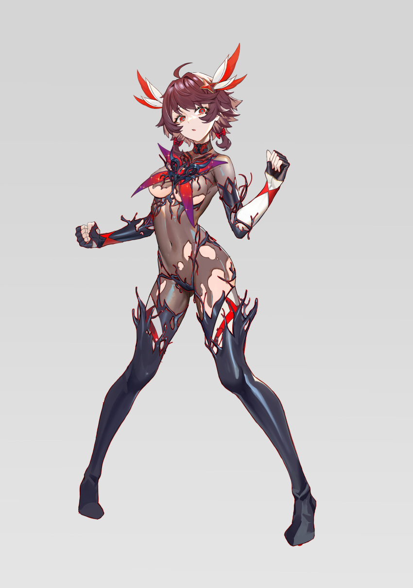 1girl absurdres ahoge bodysuit boots breasts brown_hair corruption covered_navel elbow_gloves fingerless_gloves full_body gloves grey_background highres looking_at_viewer magical_girl medium_breasts mind_control original pigeon-toed red_eyes see-through_bodysuit shen_hai_ichigo short_hair skin_tight solo standing tearing_up thigh_boots variant_set